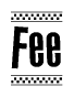 The clipart image displays the text Fee in a bold, stylized font. It is enclosed in a rectangular border with a checkerboard pattern running below and above the text, similar to a finish line in racing. 