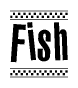 The image contains the text Fish in a bold, stylized font, with a checkered flag pattern bordering the top and bottom of the text.