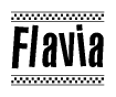The image contains the text Flavia in a bold, stylized font, with a checkered flag pattern bordering the top and bottom of the text.