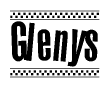 The image contains the text Glenys in a bold, stylized font, with a checkered flag pattern bordering the top and bottom of the text.