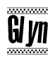 The clipart image displays the text Glyn in a bold, stylized font. It is enclosed in a rectangular border with a checkerboard pattern running below and above the text, similar to a finish line in racing. 