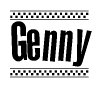 The image contains the text Genny in a bold, stylized font, with a checkered flag pattern bordering the top and bottom of the text.