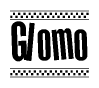 The image contains the text Glomo in a bold, stylized font, with a checkered flag pattern bordering the top and bottom of the text.