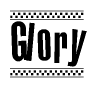 The image is a black and white clipart of the text Glory in a bold, italicized font. The text is bordered by a dotted line on the top and bottom, and there are checkered flags positioned at both ends of the text, usually associated with racing or finishing lines.