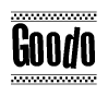 The image contains the text Goodo in a bold, stylized font, with a checkered flag pattern bordering the top and bottom of the text.