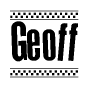 The clipart image displays the text Geoff in a bold, stylized font. It is enclosed in a rectangular border with a checkerboard pattern running below and above the text, similar to a finish line in racing. 