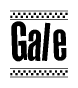The image is a black and white clipart of the text Gale in a bold, italicized font. The text is bordered by a dotted line on the top and bottom, and there are checkered flags positioned at both ends of the text, usually associated with racing or finishing lines.