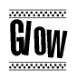 The image is a black and white clipart of the text Glow in a bold, italicized font. The text is bordered by a dotted line on the top and bottom, and there are checkered flags positioned at both ends of the text, usually associated with racing or finishing lines.
