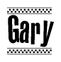 The image is a black and white clipart of the text Gary in a bold, italicized font. The text is bordered by a dotted line on the top and bottom, and there are checkered flags positioned at both ends of the text, usually associated with racing or finishing lines.