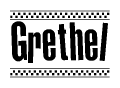 The clipart image displays the text Grethel in a bold, stylized font. It is enclosed in a rectangular border with a checkerboard pattern running below and above the text, similar to a finish line in racing. 