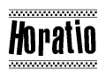The image contains the text Horatio in a bold, stylized font, with a checkered flag pattern bordering the top and bottom of the text.