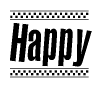 The image is a black and white clipart of the text Happy in a bold, italicized font. The text is bordered by a dotted line on the top and bottom, and there are checkered flags positioned at both ends of the text, usually associated with racing or finishing lines.
