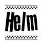 The image contains the text Helm in a bold, stylized font, with a checkered flag pattern bordering the top and bottom of the text.