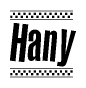 The image contains the text Hany in a bold, stylized font, with a checkered flag pattern bordering the top and bottom of the text.
