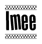 The image contains the text Imee in a bold, stylized font, with a checkered flag pattern bordering the top and bottom of the text.