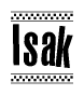The clipart image displays the text Isak in a bold, stylized font. It is enclosed in a rectangular border with a checkerboard pattern running below and above the text, similar to a finish line in racing. 