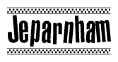 The image is a black and white clipart of the text Jeparnham in a bold, italicized font. The text is bordered by a dotted line on the top and bottom, and there are checkered flags positioned at both ends of the text, usually associated with racing or finishing lines.
