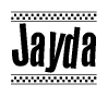 The image contains the text Jayda in a bold, stylized font, with a checkered flag pattern bordering the top and bottom of the text.