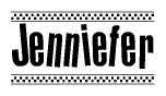 The clipart image displays the text Jenniefer in a bold, stylized font. It is enclosed in a rectangular border with a checkerboard pattern running below and above the text, similar to a finish line in racing. 