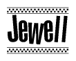 The image contains the text Jewell in a bold, stylized font, with a checkered flag pattern bordering the top and bottom of the text.