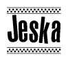 The image contains the text Jeska in a bold, stylized font, with a checkered flag pattern bordering the top and bottom of the text.