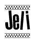 The image contains the text Jeli in a bold, stylized font, with a checkered flag pattern bordering the top and bottom of the text.