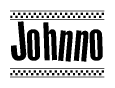 The image contains the text Johnno in a bold, stylized font, with a checkered flag pattern bordering the top and bottom of the text.