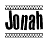The image contains the text Jonah in a bold, stylized font, with a checkered flag pattern bordering the top and bottom of the text.