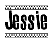 The image contains the text Jessie in a bold, stylized font, with a checkered flag pattern bordering the top and bottom of the text.