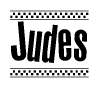 The image is a black and white clipart of the text Judes in a bold, italicized font. The text is bordered by a dotted line on the top and bottom, and there are checkered flags positioned at both ends of the text, usually associated with racing or finishing lines.
