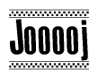 The image contains the text Jooooj in a bold, stylized font, with a checkered flag pattern bordering the top and bottom of the text.