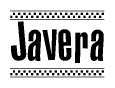 The image contains the text Javera in a bold, stylized font, with a checkered flag pattern bordering the top and bottom of the text.