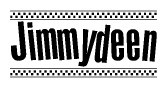 The image contains the text Jimmydeen in a bold, stylized font, with a checkered flag pattern bordering the top and bottom of the text.