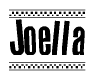 The image contains the text Joella in a bold, stylized font, with a checkered flag pattern bordering the top and bottom of the text.