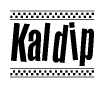 The image contains the text Kaldip in a bold, stylized font, with a checkered flag pattern bordering the top and bottom of the text.