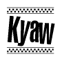The image is a black and white clipart of the text Kyaw in a bold, italicized font. The text is bordered by a dotted line on the top and bottom, and there are checkered flags positioned at both ends of the text, usually associated with racing or finishing lines.