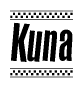 The image contains the text Kuna in a bold, stylized font, with a checkered flag pattern bordering the top and bottom of the text.