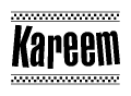 The image contains the text Kareem in a bold, stylized font, with a checkered flag pattern bordering the top and bottom of the text.