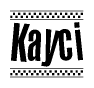 The image contains the text Kayci in a bold, stylized font, with a checkered flag pattern bordering the top and bottom of the text.