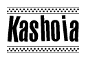 The clipart image displays the text Kashoia in a bold, stylized font. It is enclosed in a rectangular border with a checkerboard pattern running below and above the text, similar to a finish line in racing. 