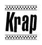 The clipart image displays the text Krap in a bold, stylized font. It is enclosed in a rectangular border with a checkerboard pattern running below and above the text, similar to a finish line in racing. 