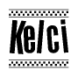 The clipart image displays the text Kelci in a bold, stylized font. It is enclosed in a rectangular border with a checkerboard pattern running below and above the text, similar to a finish line in racing. 