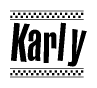 The image contains the text Karly in a bold, stylized font, with a checkered flag pattern bordering the top and bottom of the text.