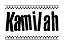The clipart image displays the text Kamilah in a bold, stylized font. It is enclosed in a rectangular border with a checkerboard pattern running below and above the text, similar to a finish line in racing. 