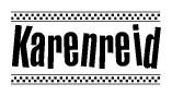 The image contains the text Karenreid in a bold, stylized font, with a checkered flag pattern bordering the top and bottom of the text.