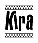 The image contains the text Kira in a bold, stylized font, with a checkered flag pattern bordering the top and bottom of the text.