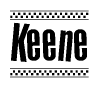 The clipart image displays the text Keene in a bold, stylized font. It is enclosed in a rectangular border with a checkerboard pattern running below and above the text, similar to a finish line in racing. 
