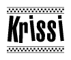 The clipart image displays the text Krissi in a bold, stylized font. It is enclosed in a rectangular border with a checkerboard pattern running below and above the text, similar to a finish line in racing. 