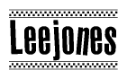 The image contains the text Leejones in a bold, stylized font, with a checkered flag pattern bordering the top and bottom of the text.