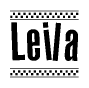 The image is a black and white clipart of the text Leila in a bold, italicized font. The text is bordered by a dotted line on the top and bottom, and there are checkered flags positioned at both ends of the text, usually associated with racing or finishing lines.